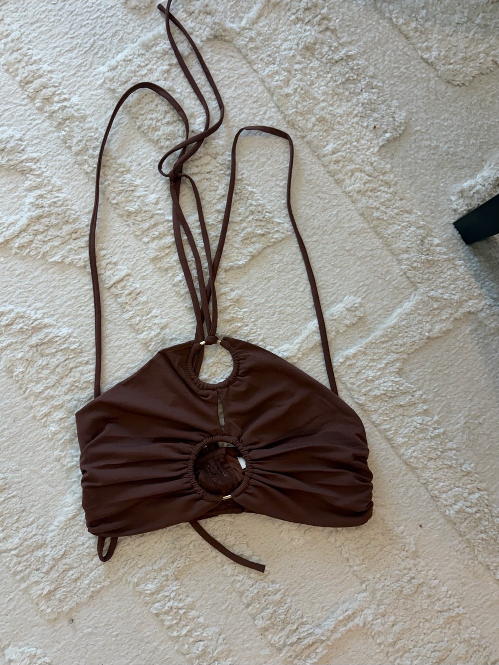 Meshki Brown Ruched Ring Halter Crop Top